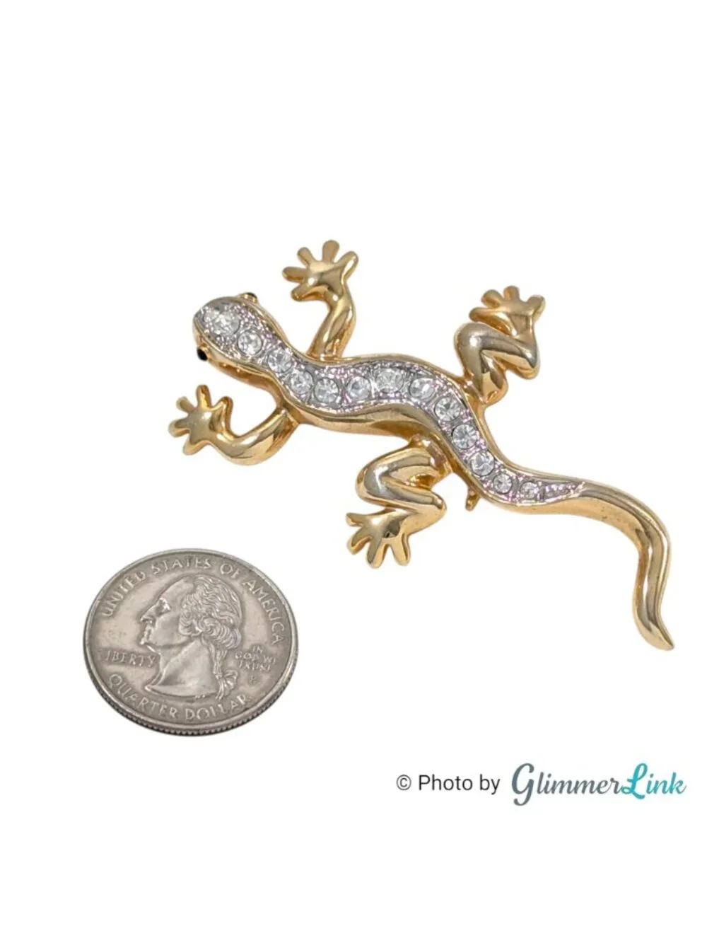 Vintage Gold Tone Gecko Lizard Brooch Clear Rhinestones Black Eyes